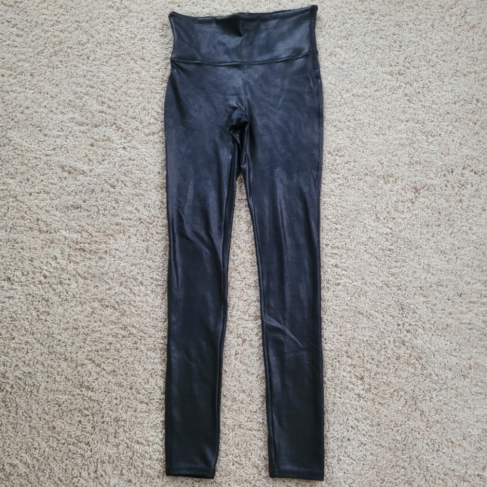 SPANX High Waisted Black Coated Faux Leather Skinny Legging S